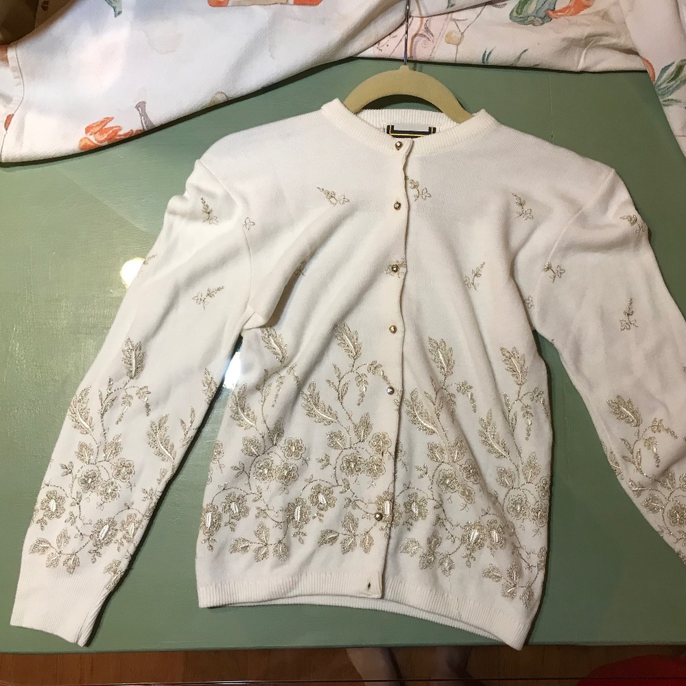 Vintage: Helen Harper Gold Floss Cardigan with Jewel Buttons, Size XS